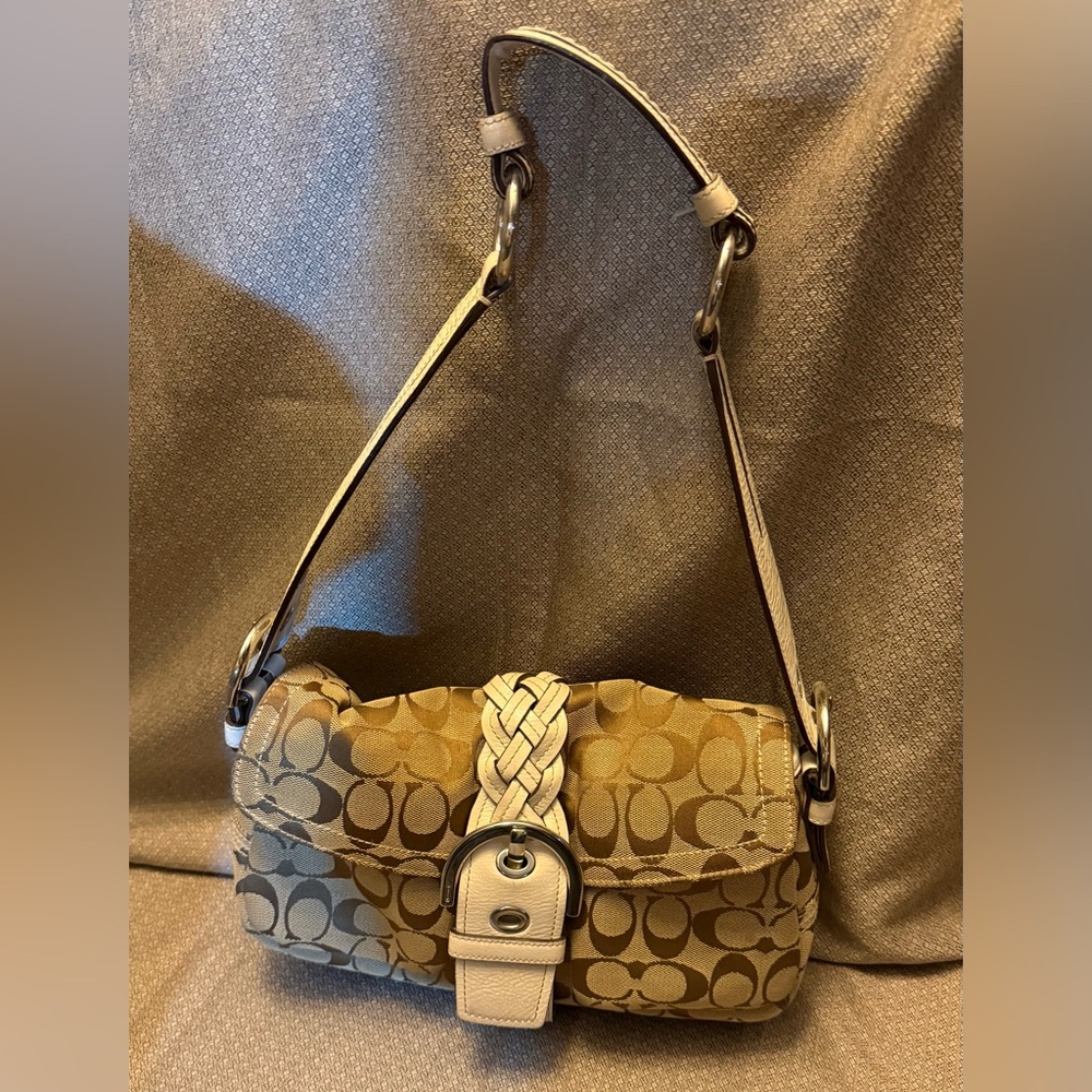 Coach Logo and White Leather trim Bag with Silver Accents